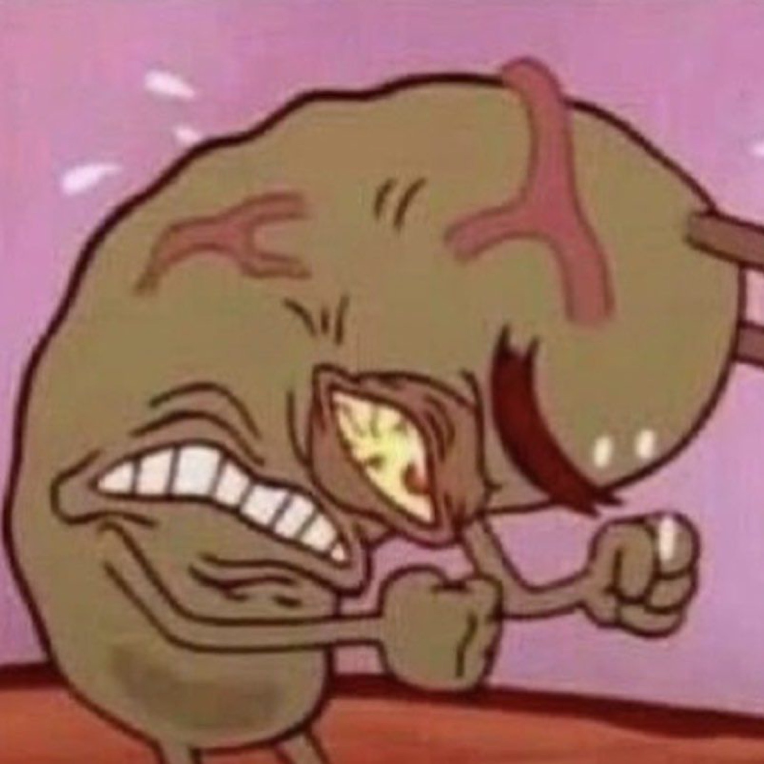 Crumpled cartoon character grimacing in disgust