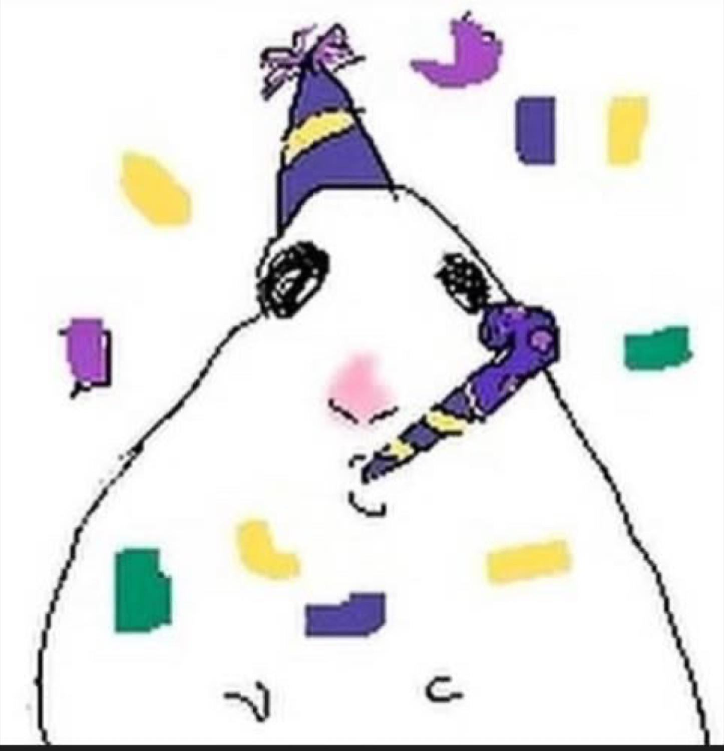 Child's crayon drawing of a bear wearing a party hat amid falling confetti