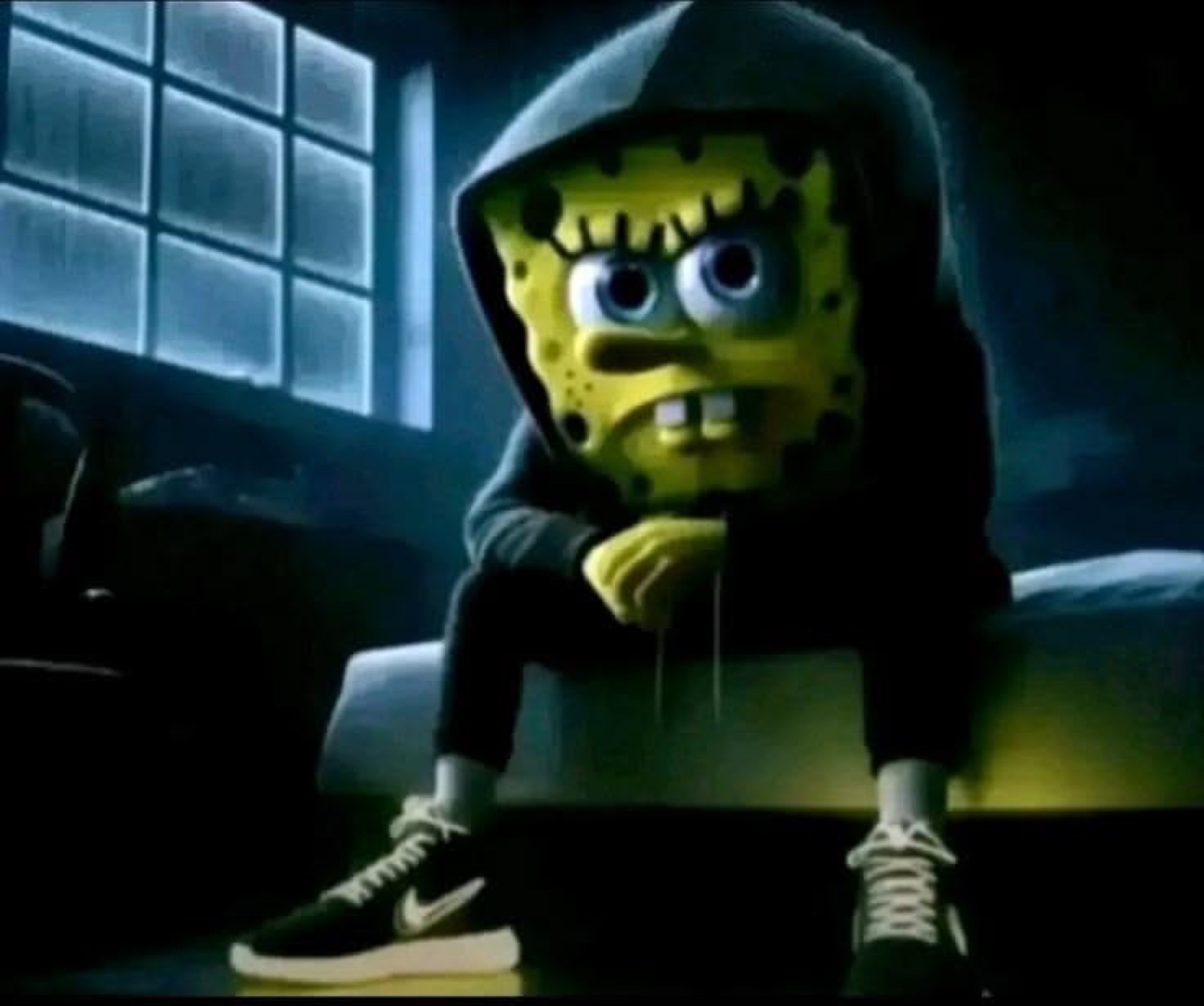 3D SpongeBob in a dark hoodie and sneakers sitting by a window, side-eyeing