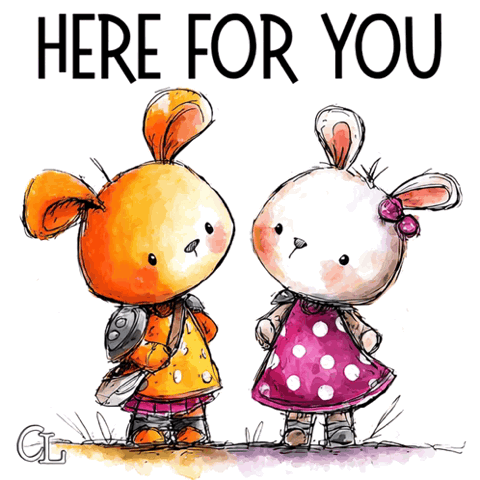 Two cartoon bunnies hugging, "Here for you"