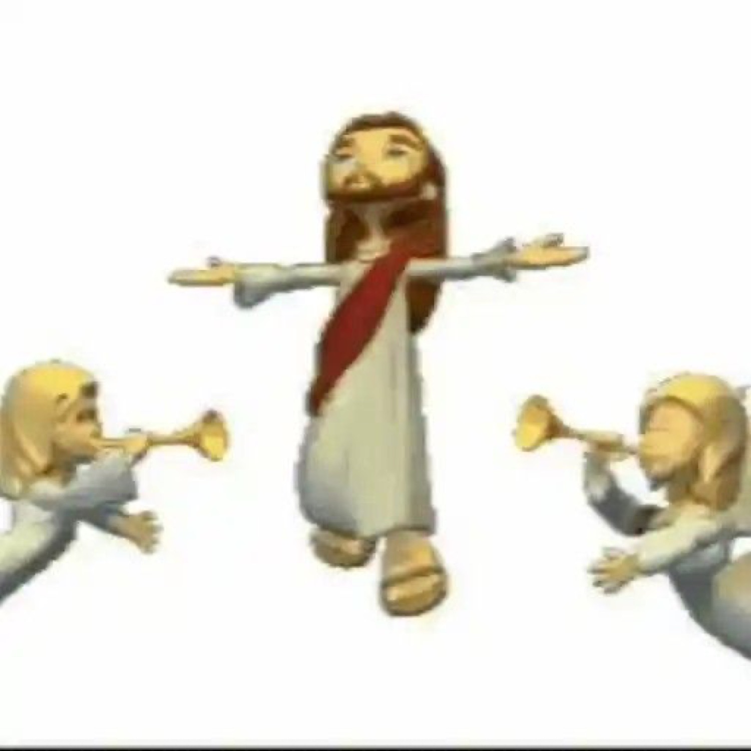 3D Jesus T-posing between trumpeting angels