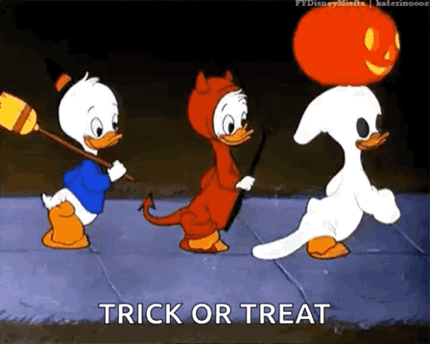 Huey, Dewey and Louie in Halloween costumes walking together, "Trick or treat"