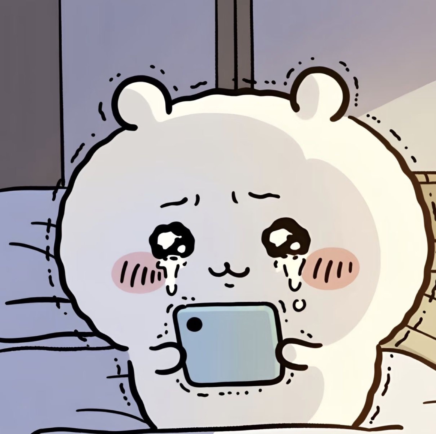 Cute cartoon bear crying its eyes out while doom-scrolling on its phone in bed at night