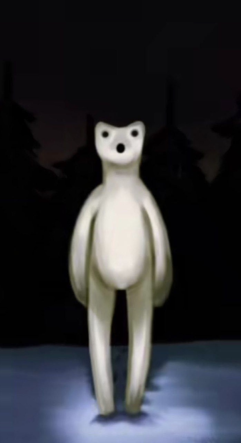 Creepy stretched polar bear creature standing upright in the dark