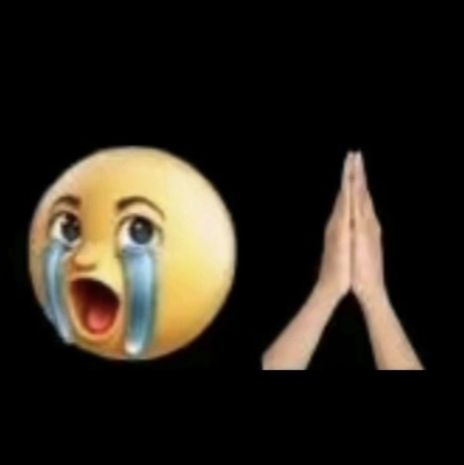 Cursed crying emoji face beside pleading praying hands on a black background