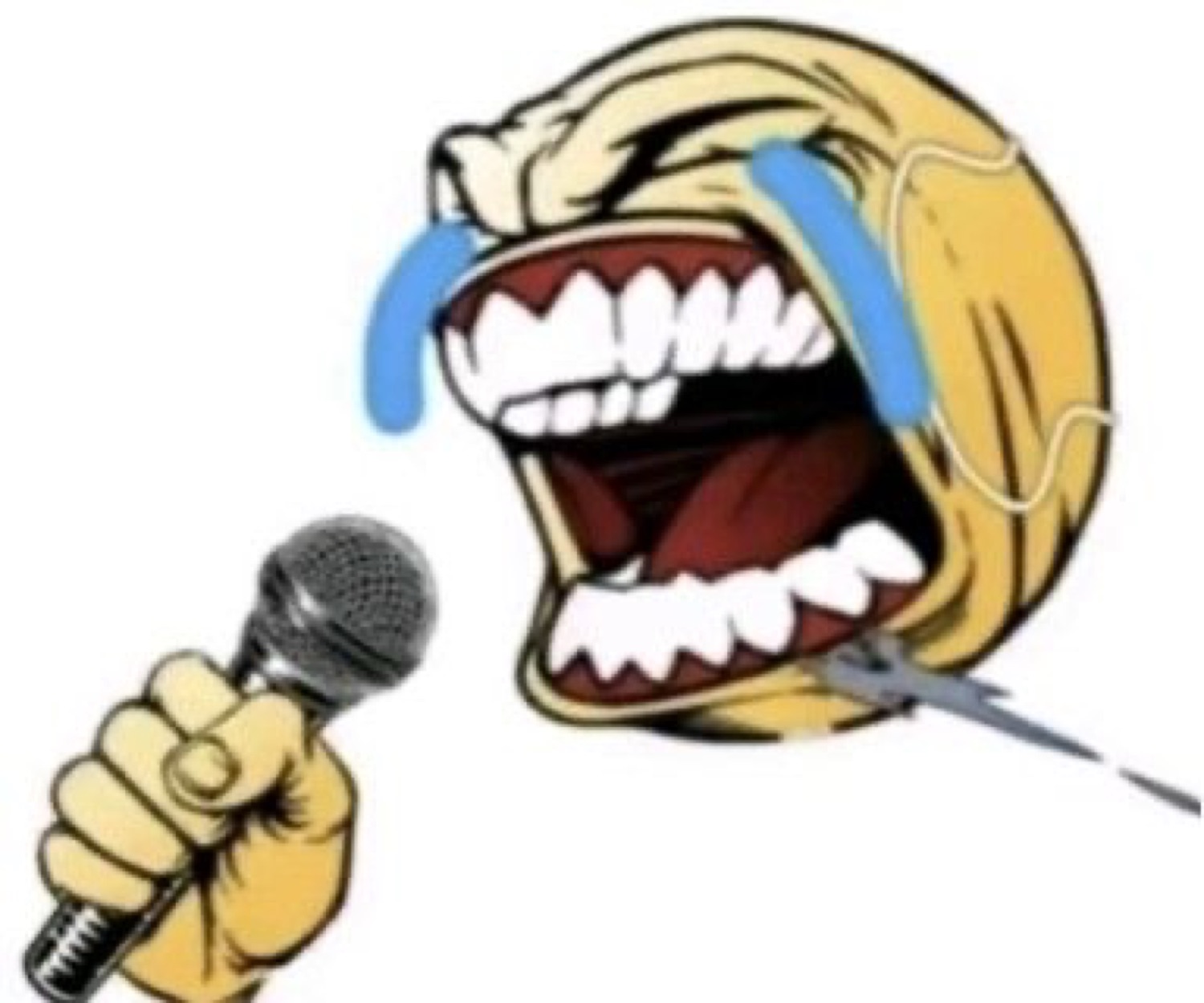 Cartoon face screaming and crying into a microphone like a passionate singer
