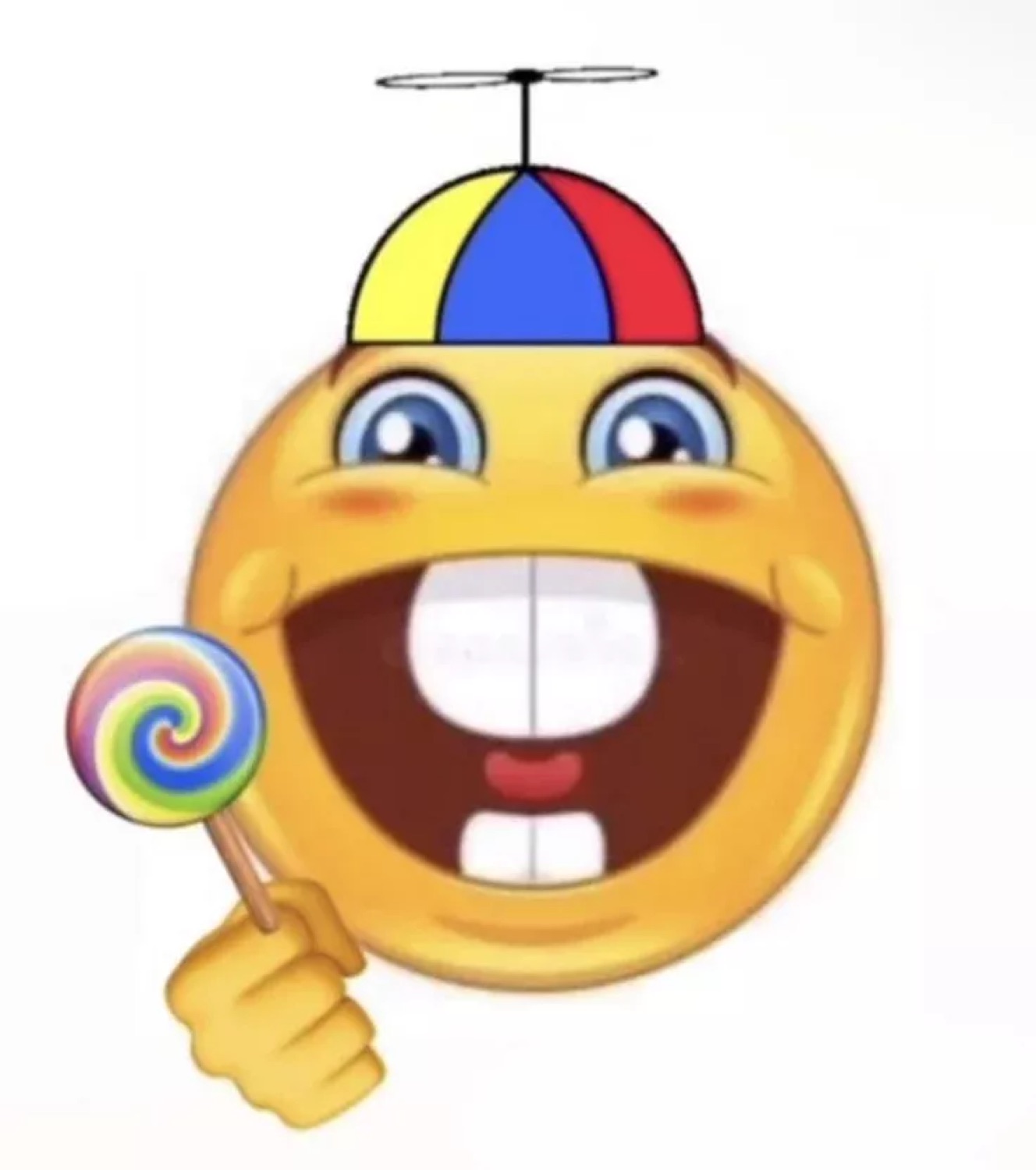 Goofy emoji character with propeller hat and lollipop grinning wide