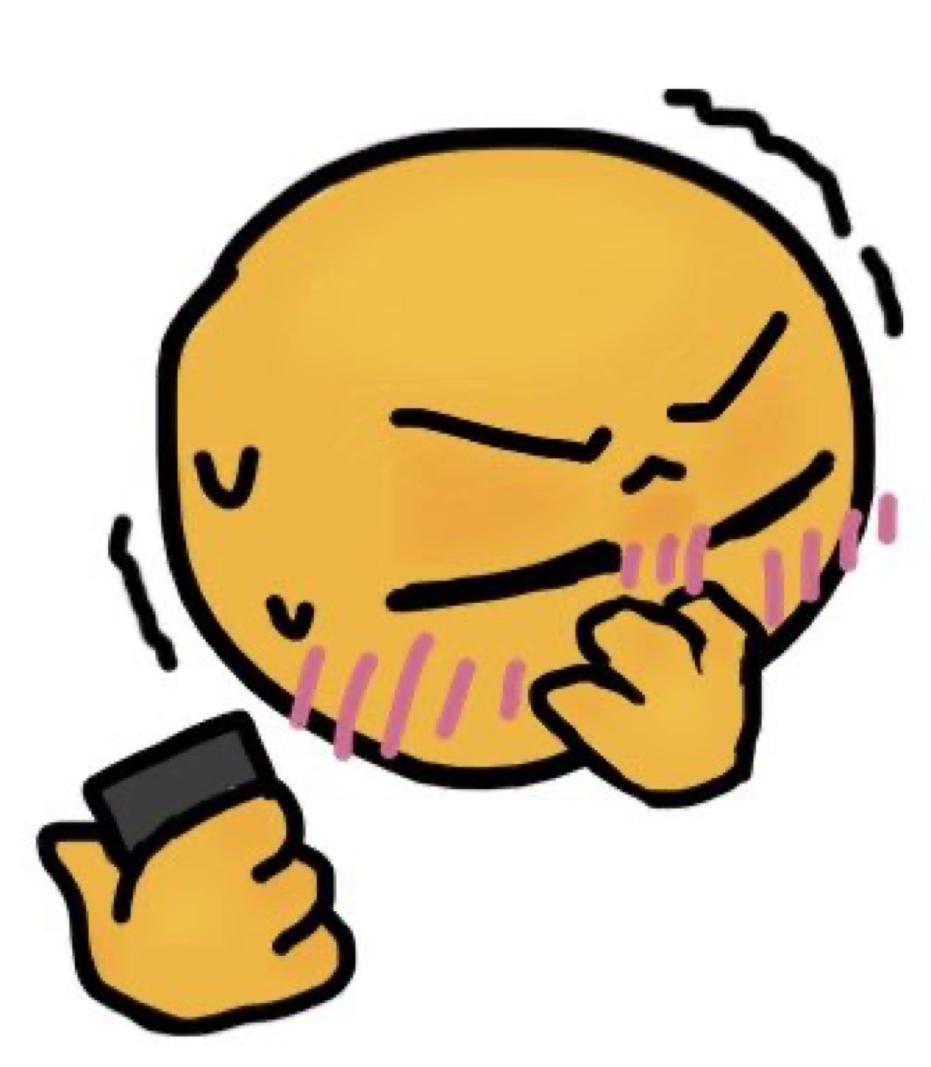 Cartoon yellow emoji face cringing while holding a phone, pink blush marks and stress lines everywhere