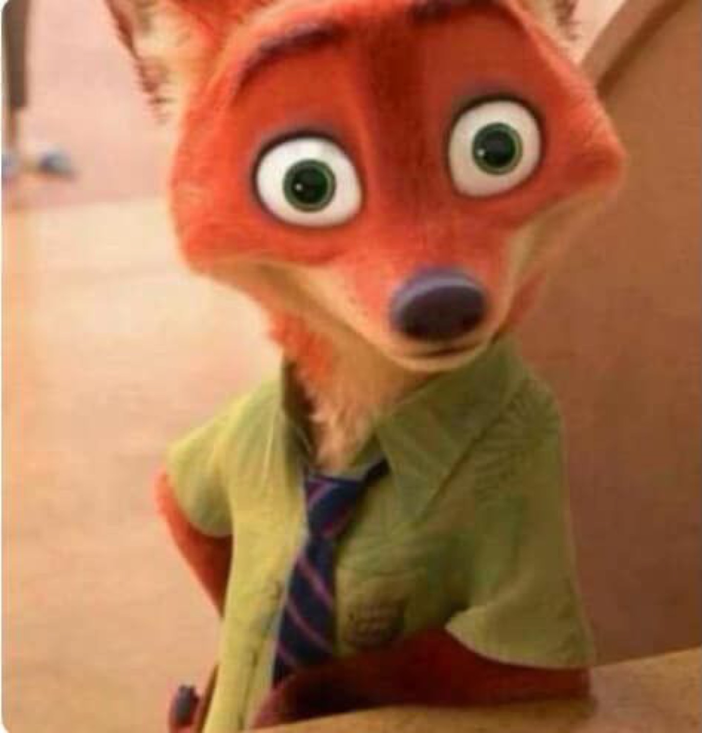 Nick Wilde from Zootopia staring wide-eyed with a panicked, caught-off-guard look