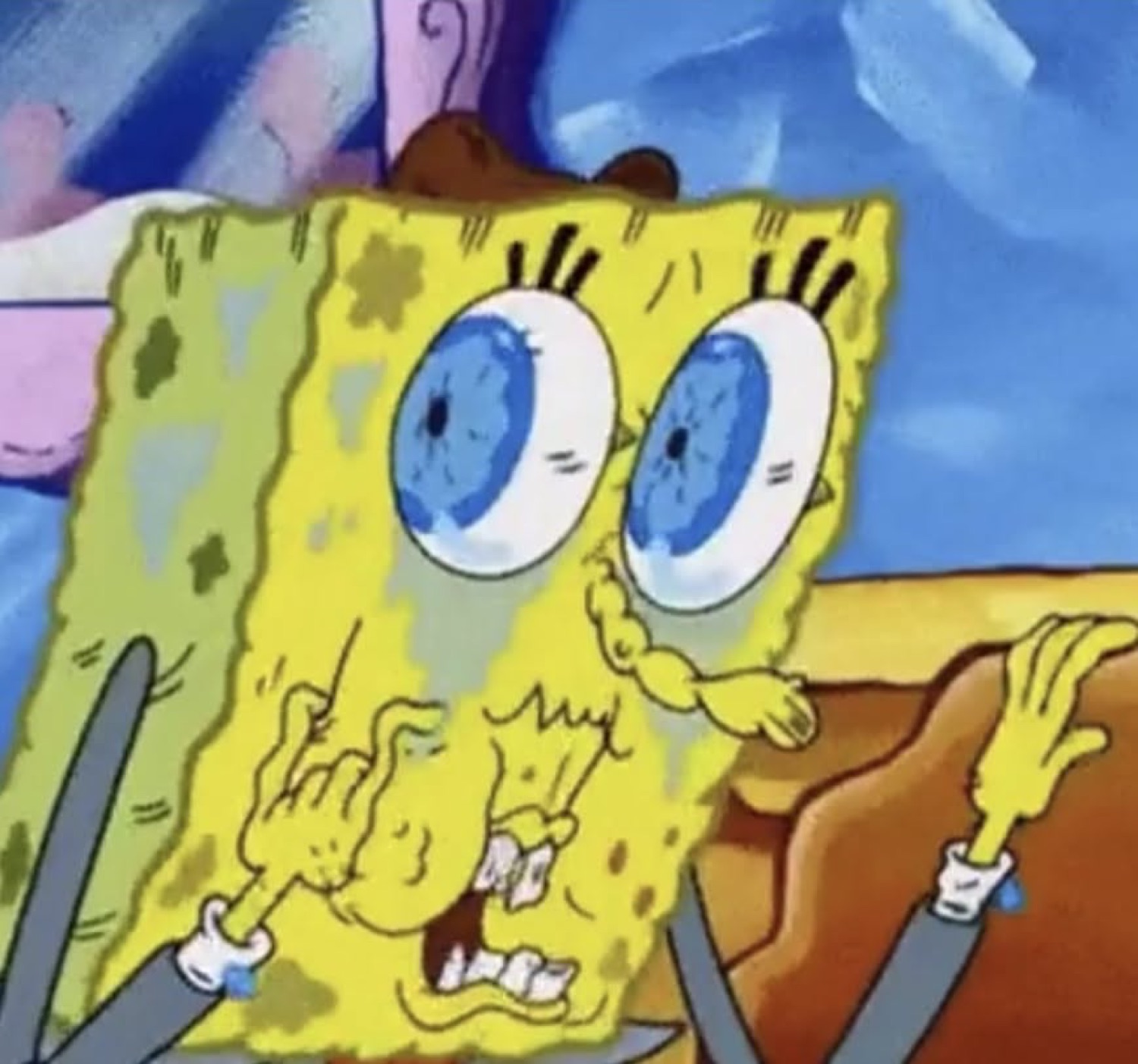 SpongeBob with huge glossy eyes and trembling hands looking stressed and overwhelmed
