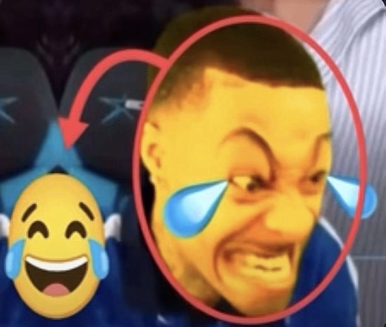 Person's face with crying laughing emoji tears photoshopped on, circled in red