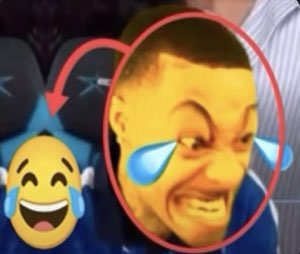 Person's face with crying laughing emoji tears photoshopped on, circled in red