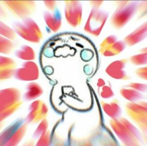 Simple doodle character sobbing tears of joy surrounded by flying hearts