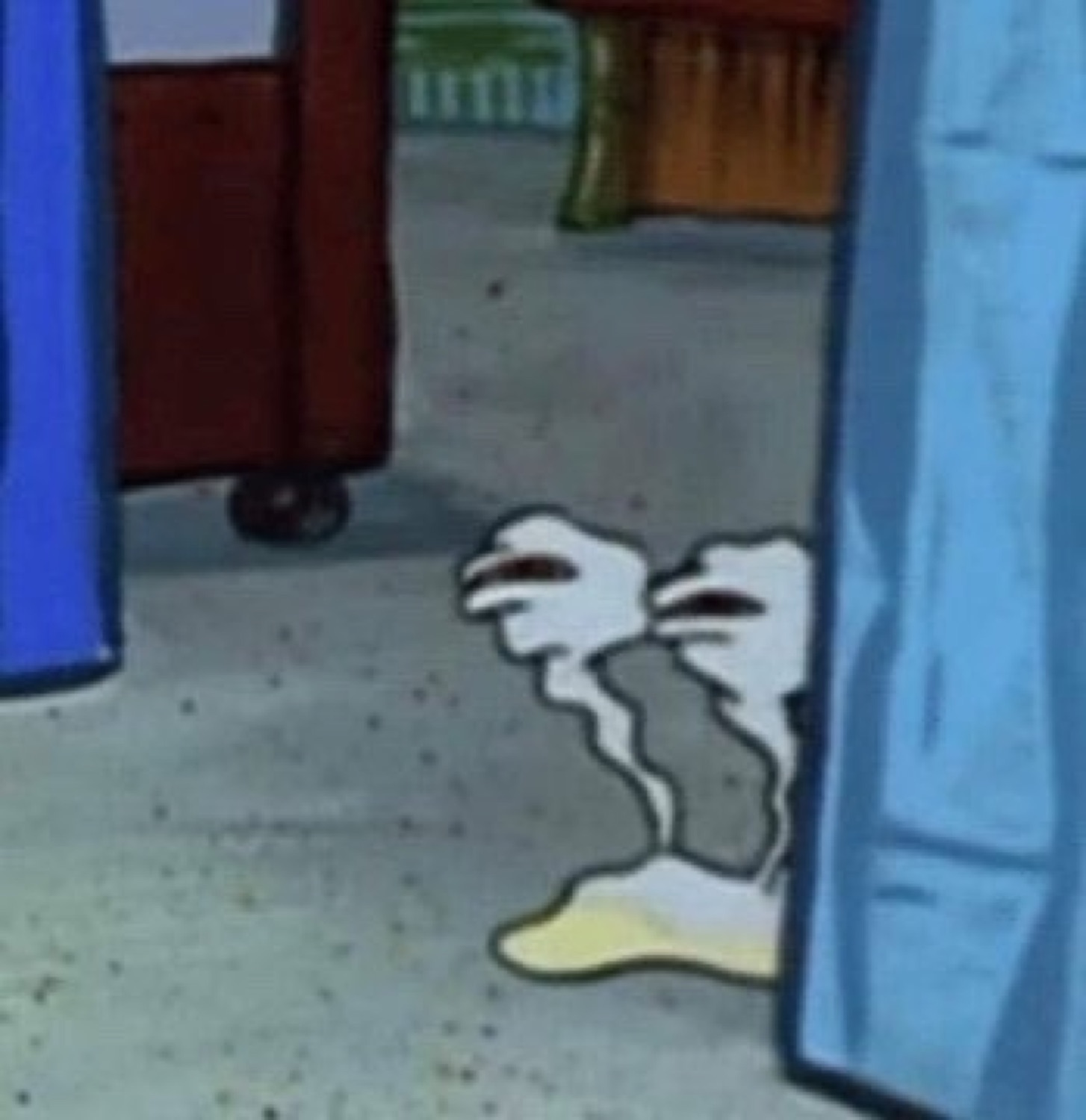 SpongeBob's trembling legs visible from below a curtain, shaking with fear