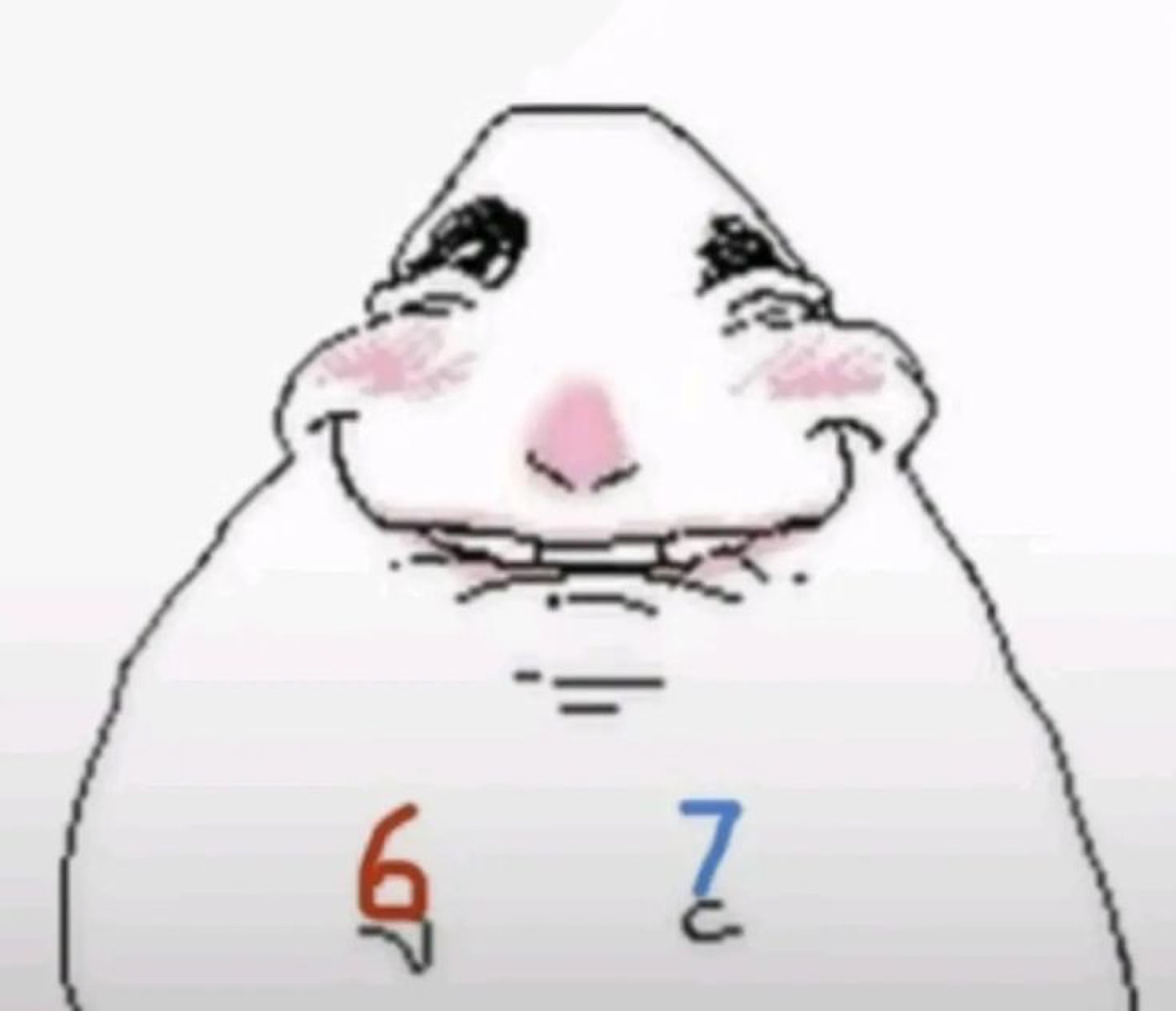 Blushing white blob cartoon with teary eyes and a wobbly smile, marked '6 7'