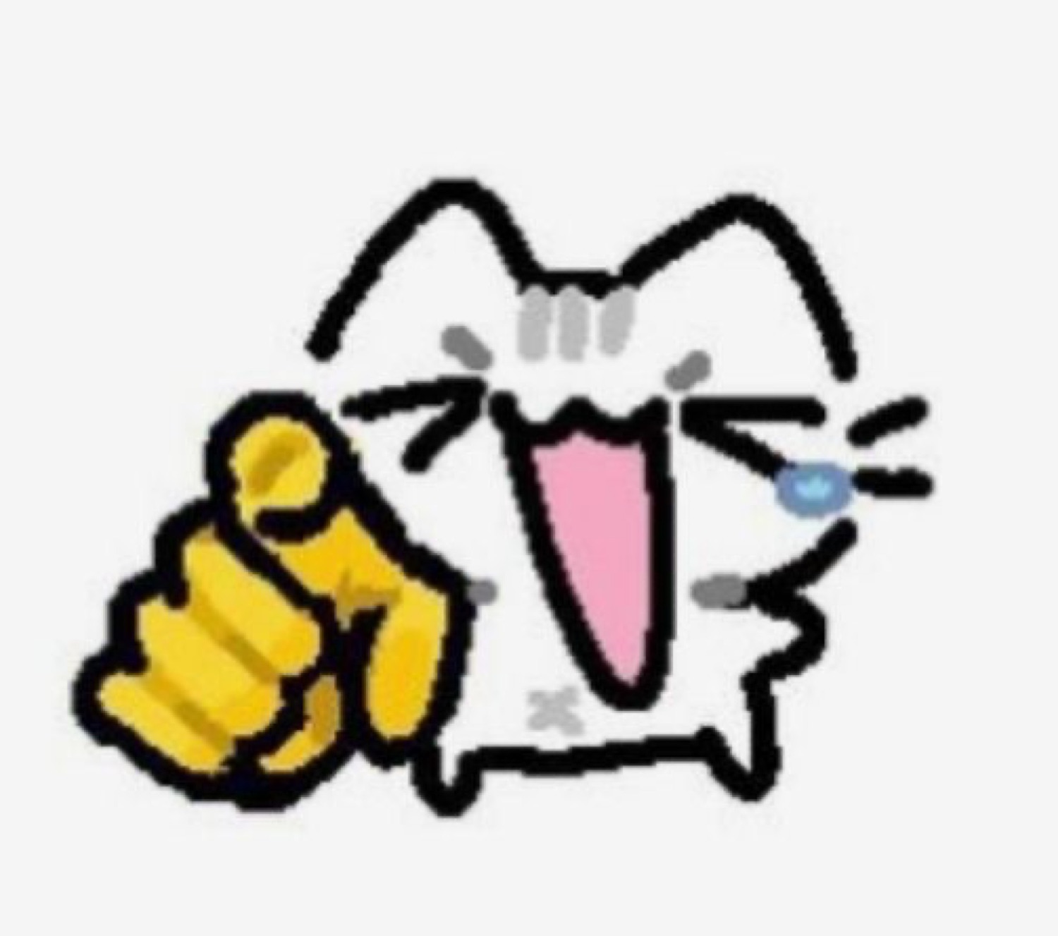 Doodle cat laughing with tears while pointing a yellow emoji finger