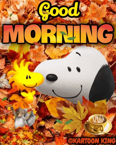 Snoopy and Woodstock in autumn leaves, "Good morning"