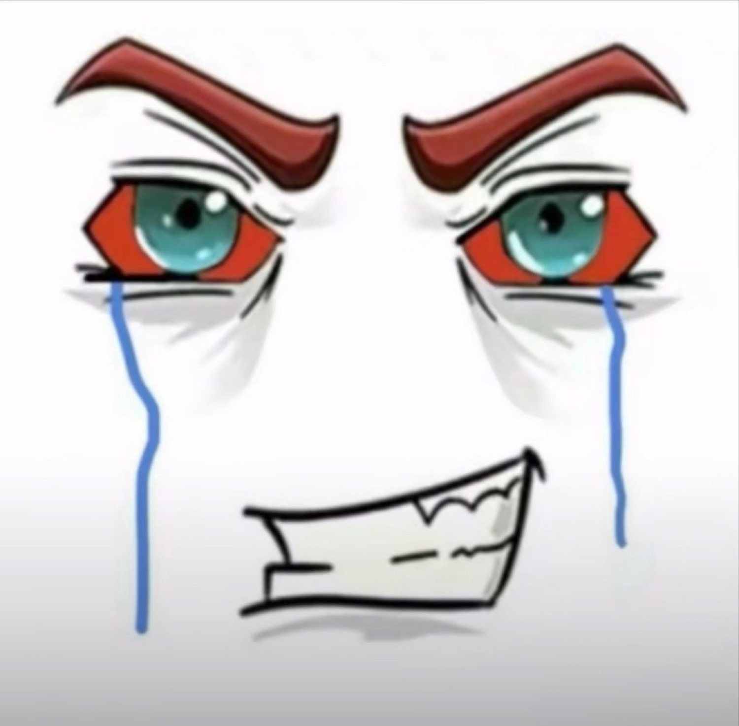 Anime face with intense angry eyes streaming blue tears and a determined grin