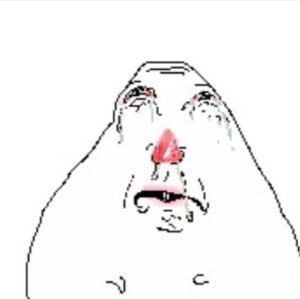 Crying Wojak face close-up with red-tipped nose and tears, overwhelmed with emotion
