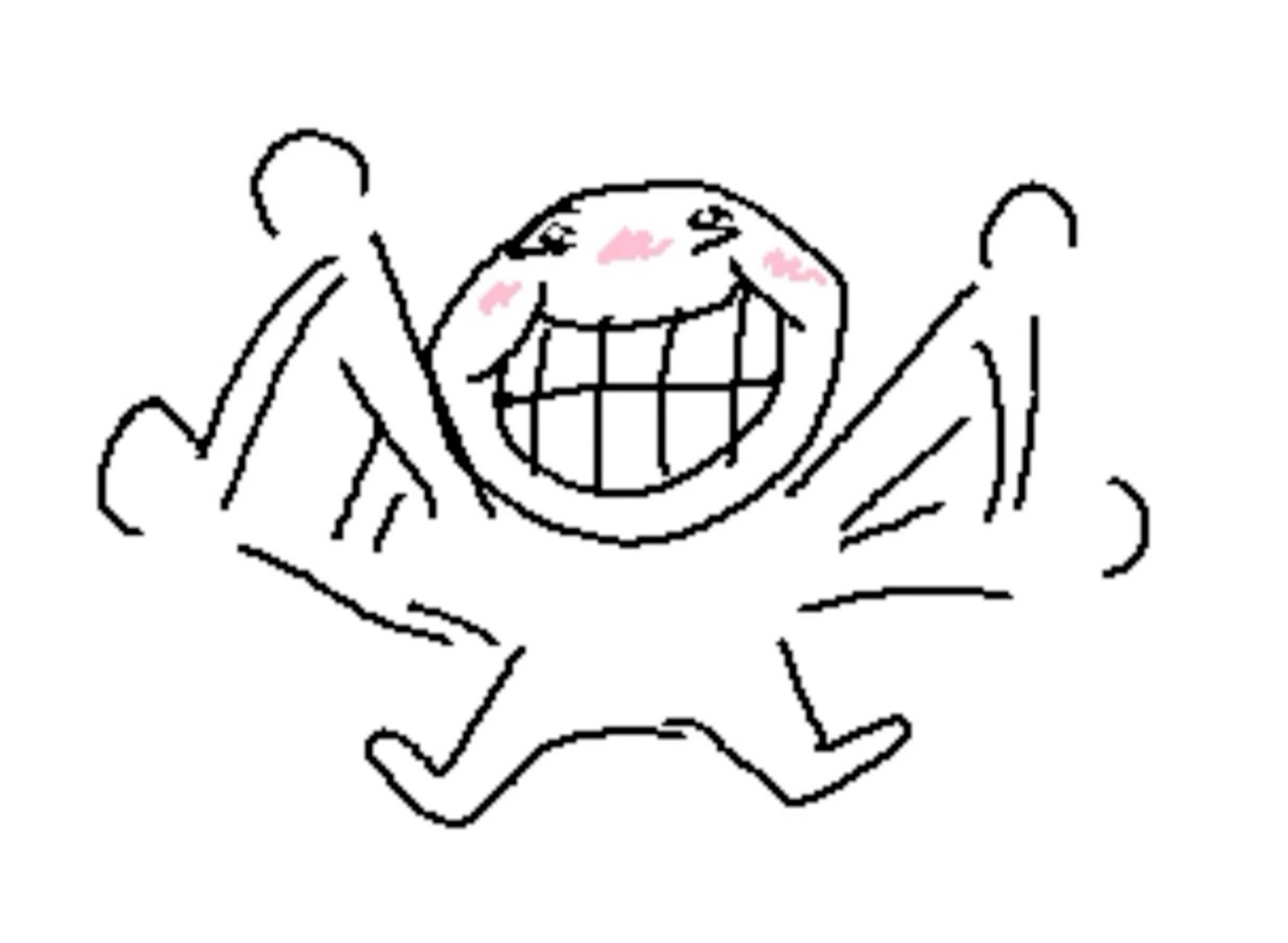 Crude stick-figure doodle with a giant blushing grin, arms flailing everywhere