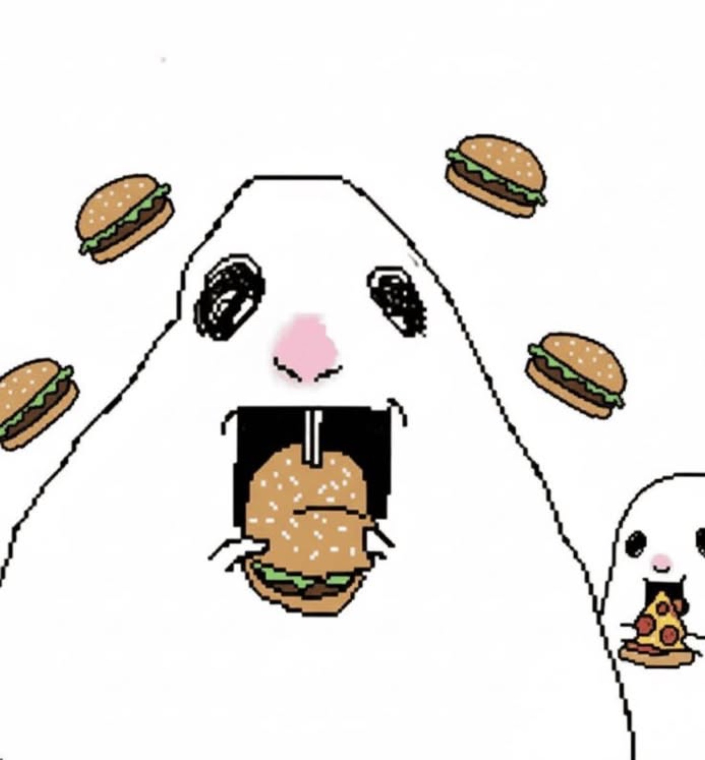 MS Paint blob gawking with its mouth open as burgers float all around it