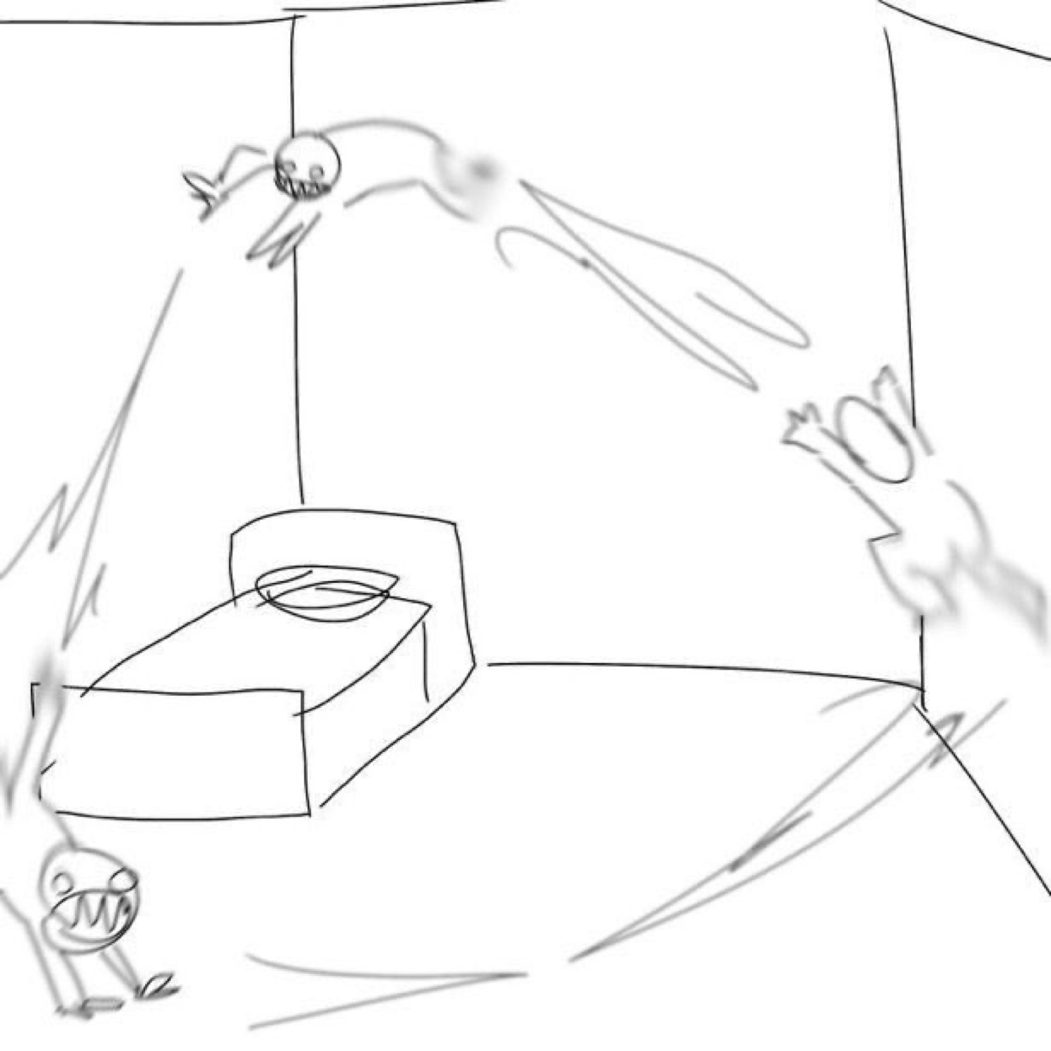 Crude hand-drawn sketch of stick figures flying around a bed in a chaotic bedroom scene