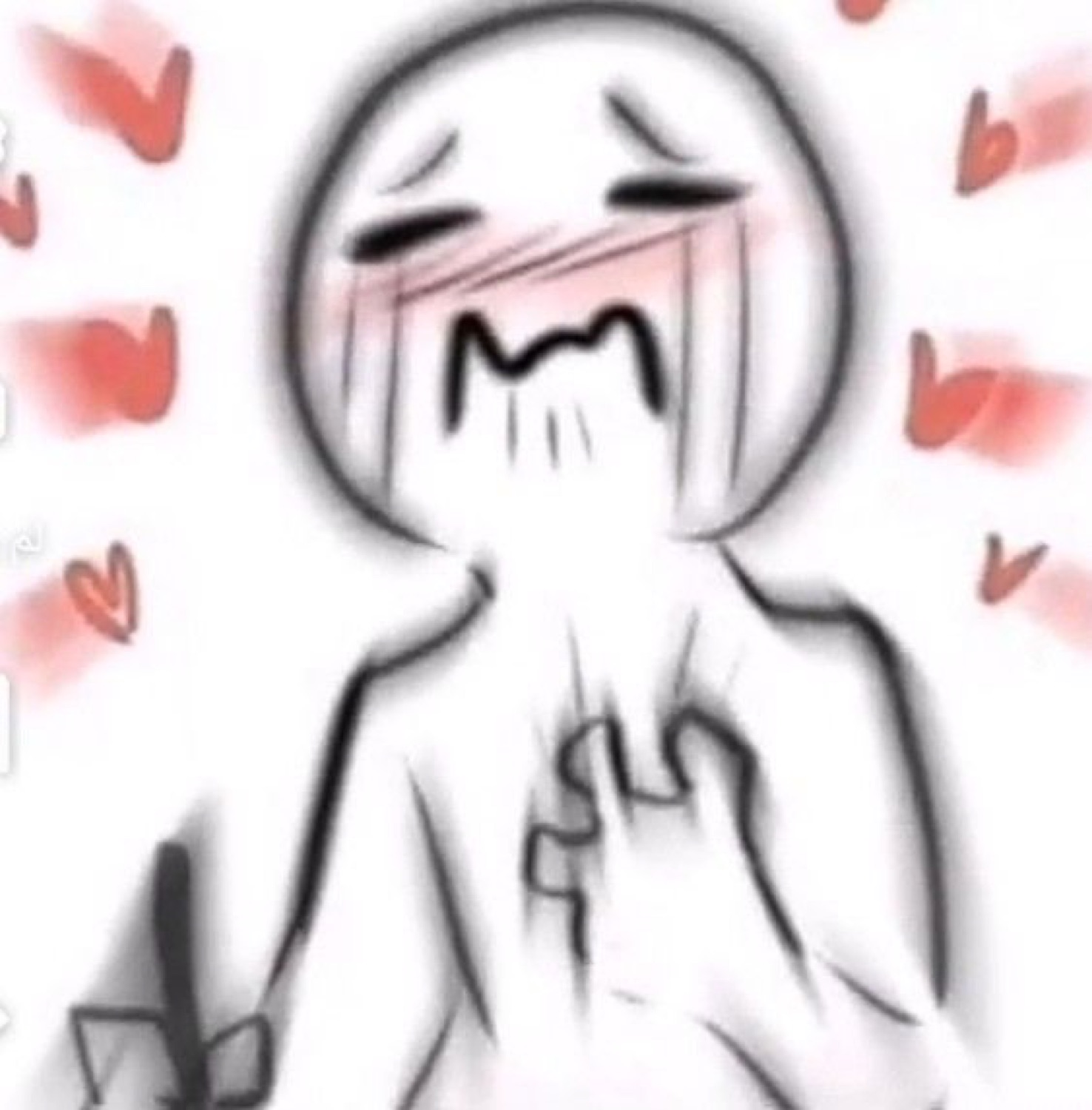 Scribbly sketch face sobbing with hands clasped to its chest, red hearts everywhere