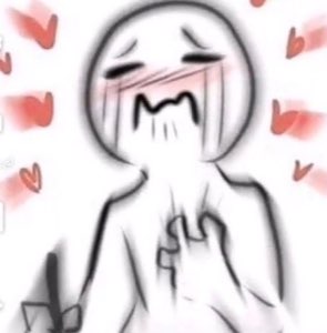 Scribbly sketch face sobbing with hands clasped to its chest, red hearts everywhere