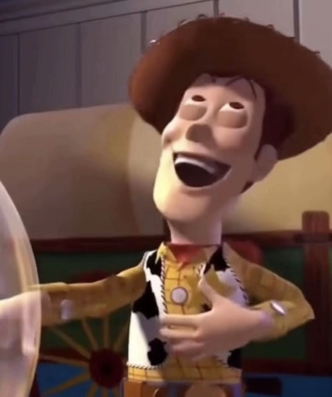 Woody from Toy Story laughing with his hand on his chest, absolutely losing it