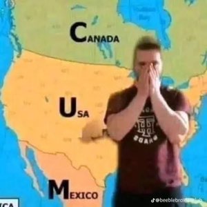 Man covering his face in secondhand embarrassment in front of a North America map labeled Canada, USA, Mexico