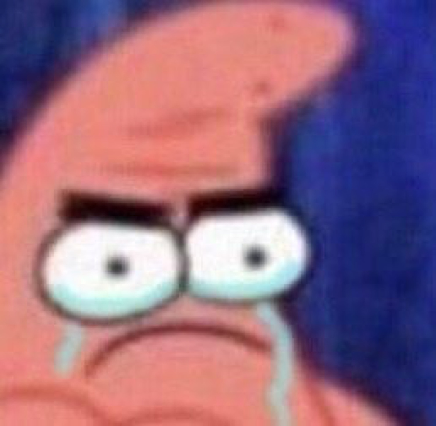 Patrick Star close-up with watery eyes and a deep frown, absolutely devastated