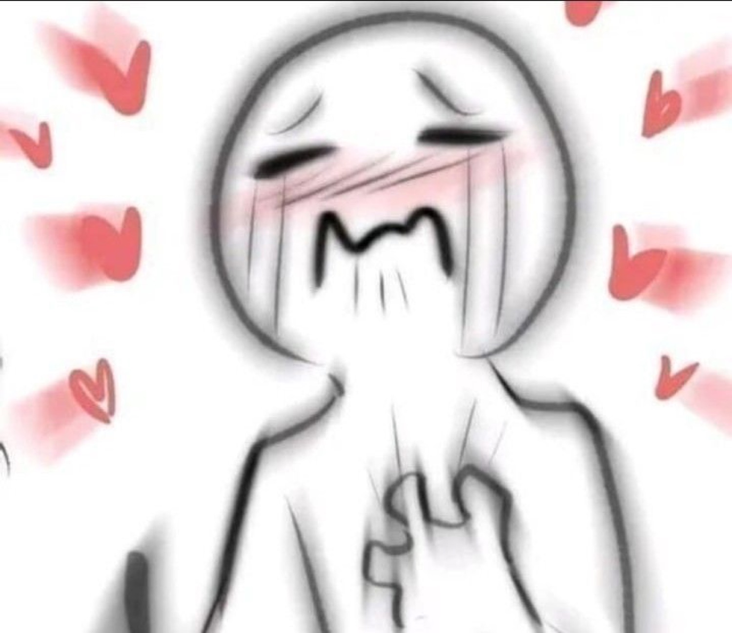 Sketchy anime-style character blushing and covering their face with hearts floating around