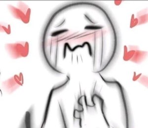 Sketchy anime-style character blushing and covering their face with hearts floating around