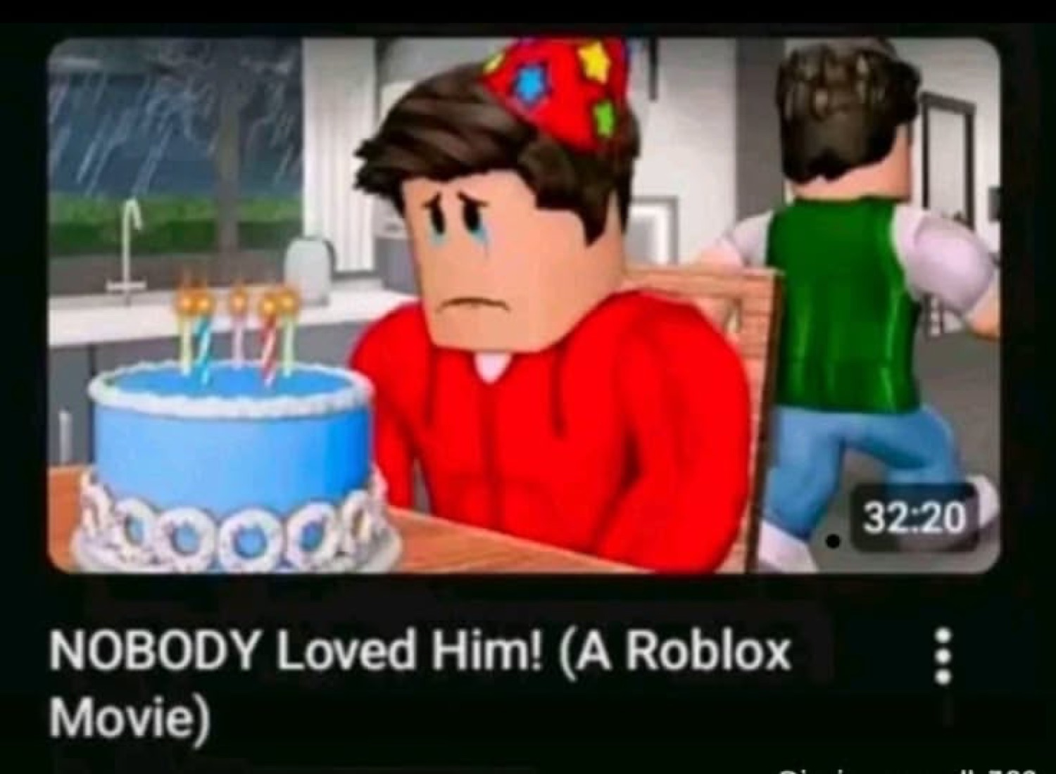 Roblox thumbnail of a crying birthday boy titled 'NOBODY Loved Him! (A Roblox Movie)'