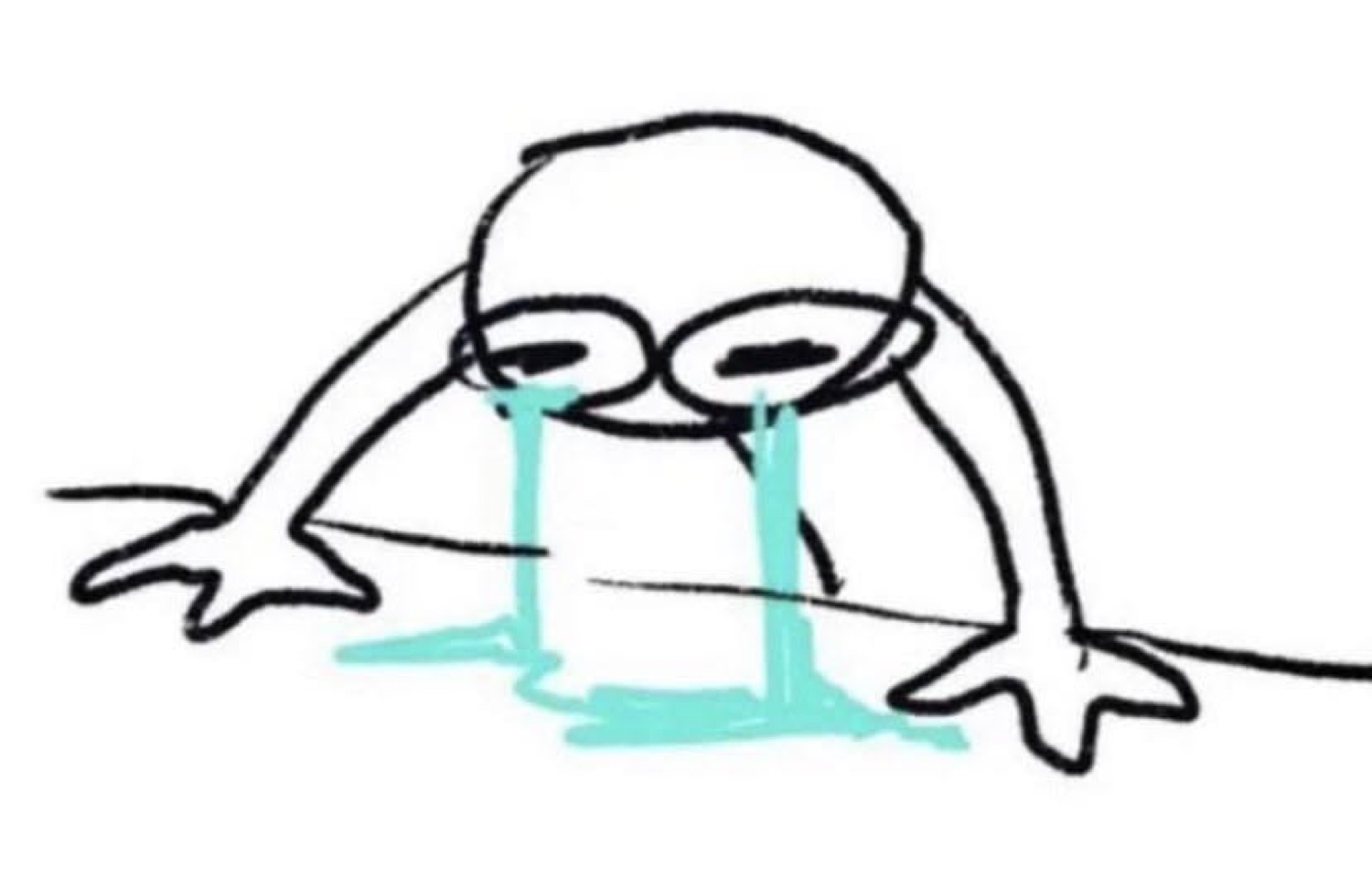 Stick figure character hunched over crying massive tears onto the ground
