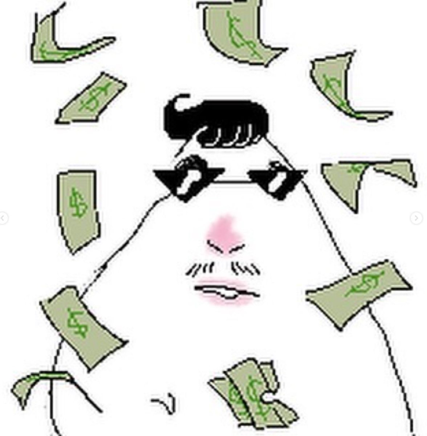 Cartoon blob character in sunglasses surrounded by flying dollar bills