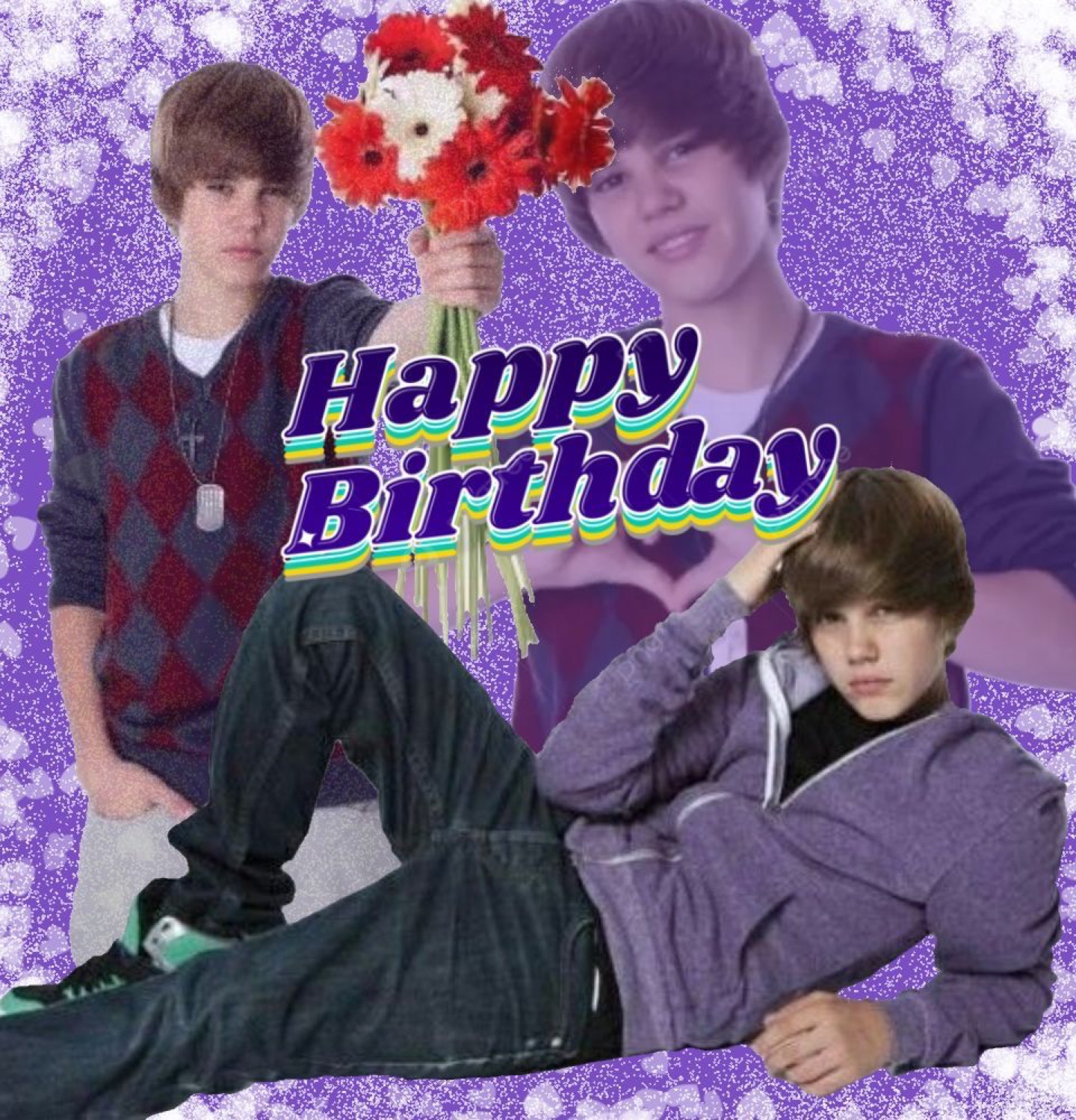Glittery young Justin Bieber collage with flowers: 'Happy Birthday'