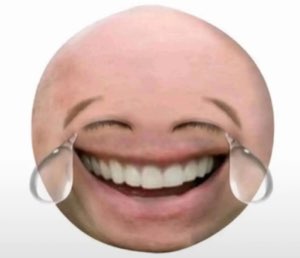 Laughing-crying emoji brought to life with a real human face stretched across the yellow circle