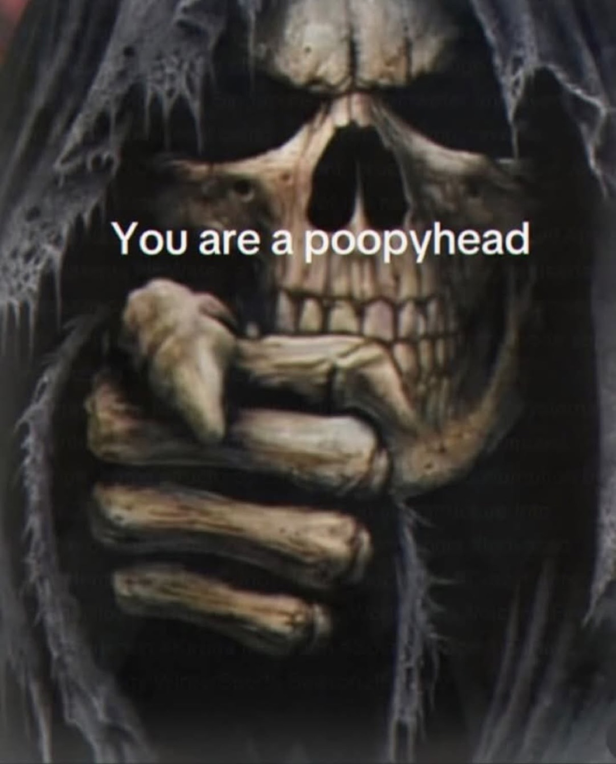 Grim reaper pointing under 'You are a poopyhead'