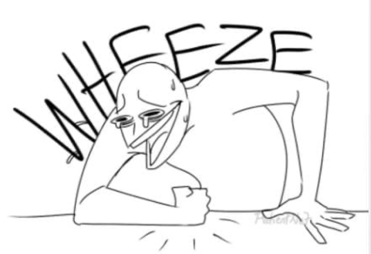 Sketchy cartoon figure doubled over laughing with the word 'WHEEZE' above it