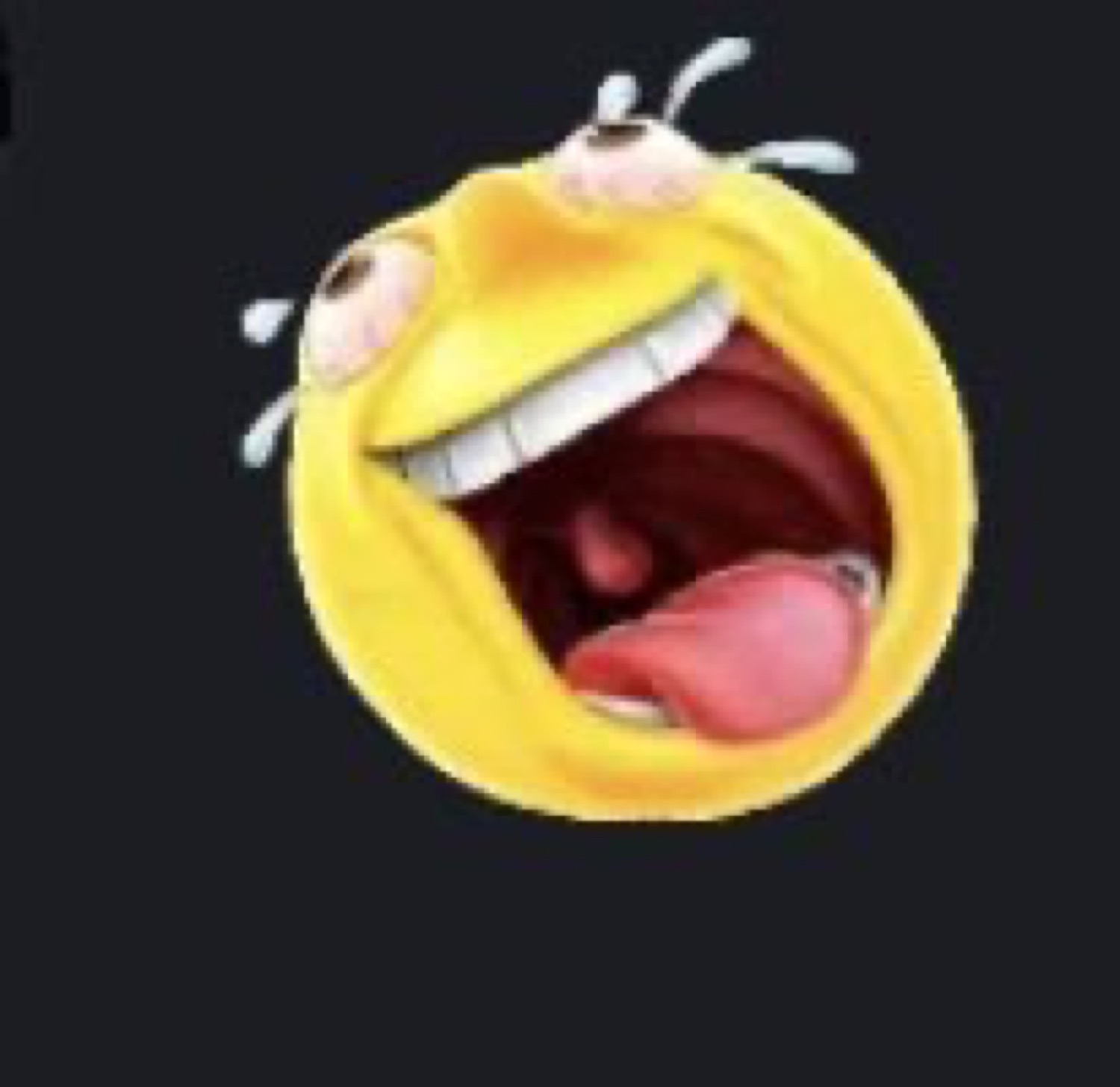 Yellow emoji cackling with bulging eyes, tears, and tongue out in wild laughter
