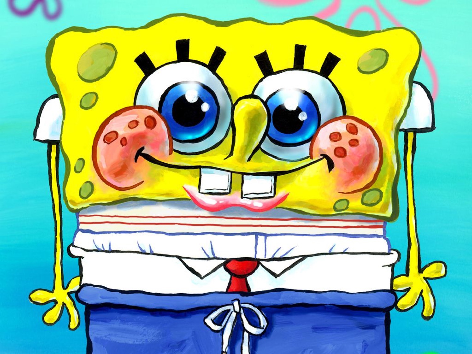 SpongeBob in full grin mode, rosy cheeks blazing with pure enthusiasm