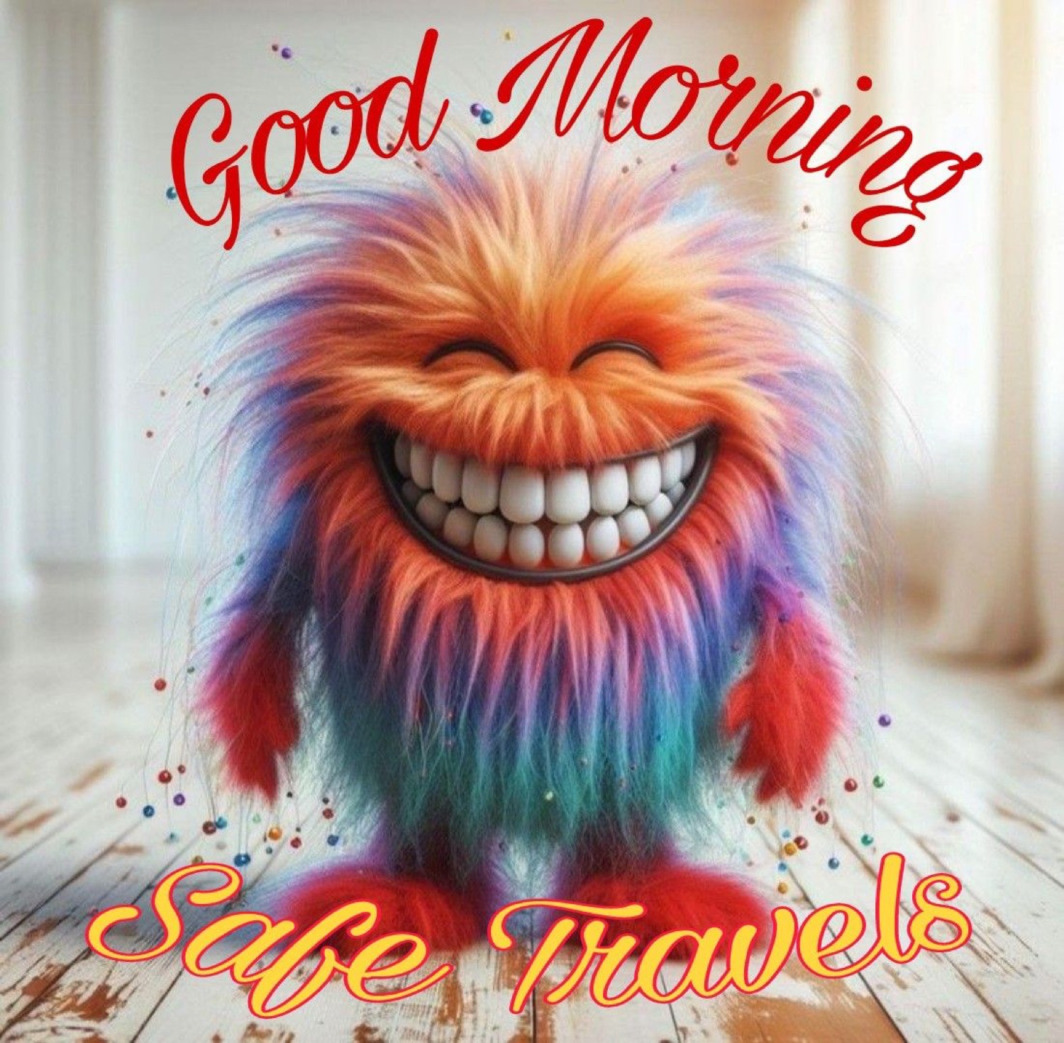 Grinning fluffy rainbow monster: 'Good Morning / Safe Travels'