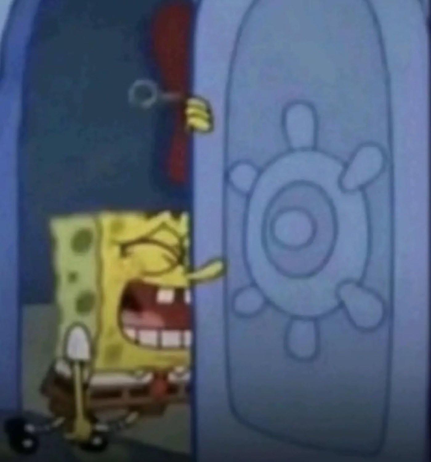 SpongeBob bursting through a door mid-scream, teeth bared and absolutely losing it