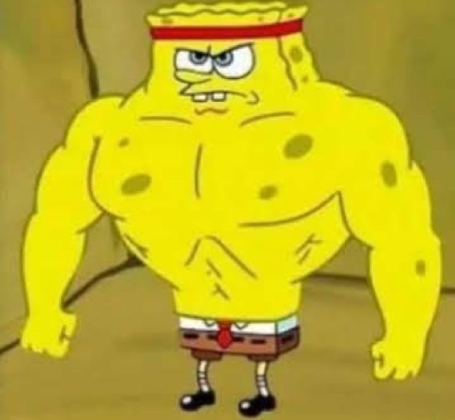 Buff SpongeBob in a headband glaring