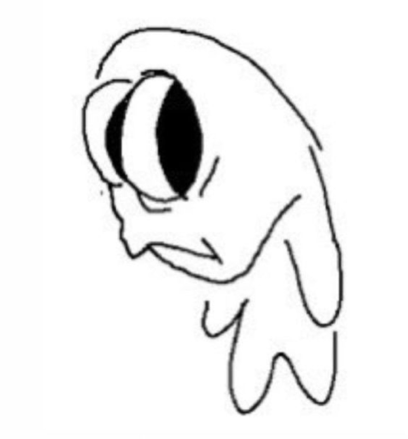Minimalist doodle of a sad blob creature peering sideways with one giant eye