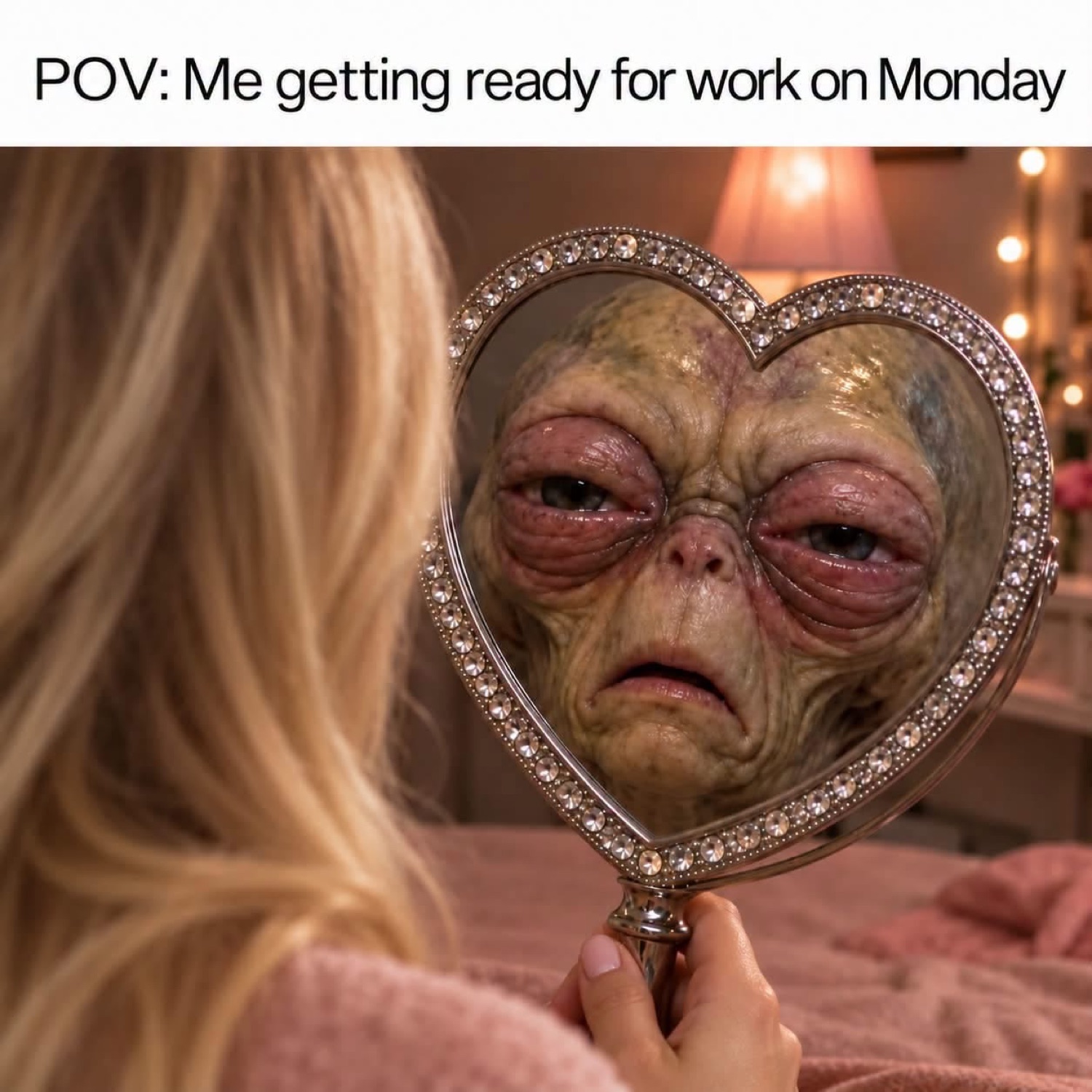 Woman looking into a heart mirror that reflects a wrinkly alien face under 'POV: Me getting ready for work on Monday'