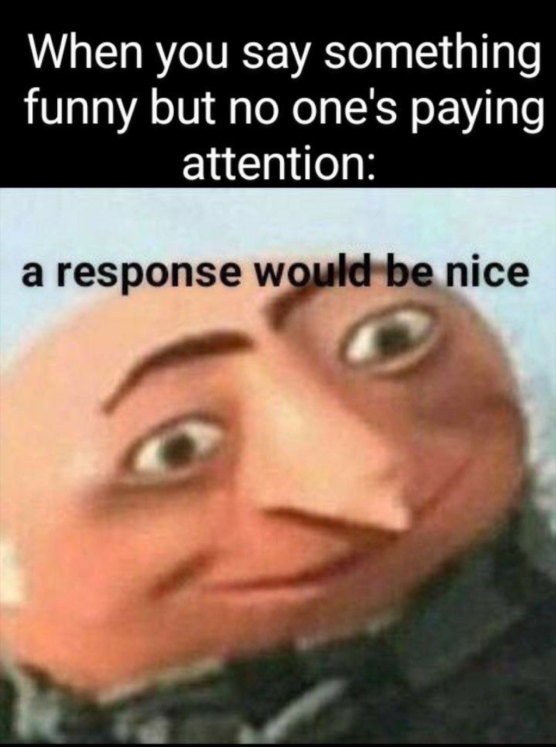 Gru's face squished close to the camera under 'When you say something funny but no one's paying attention: a response would be nice'