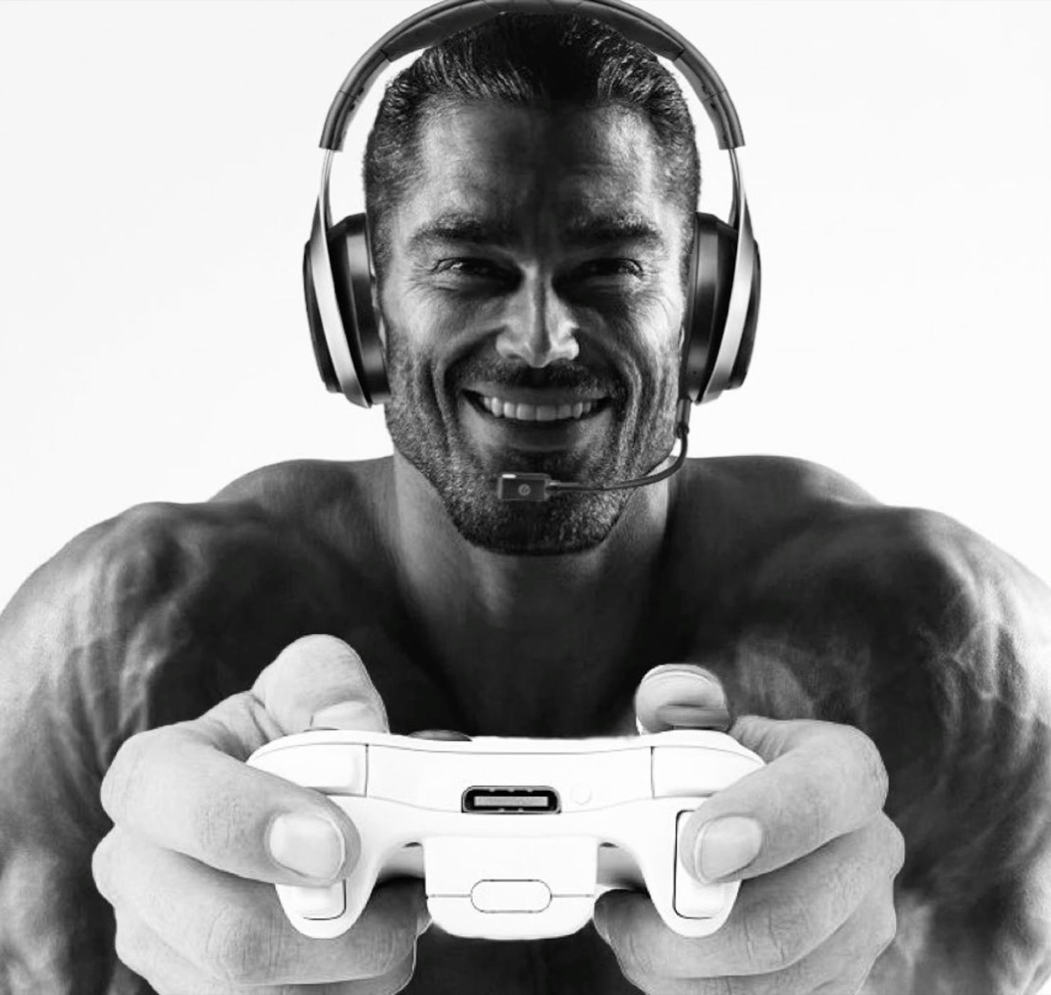 Grinning shirtless Gigachad gaming with a controller and headset