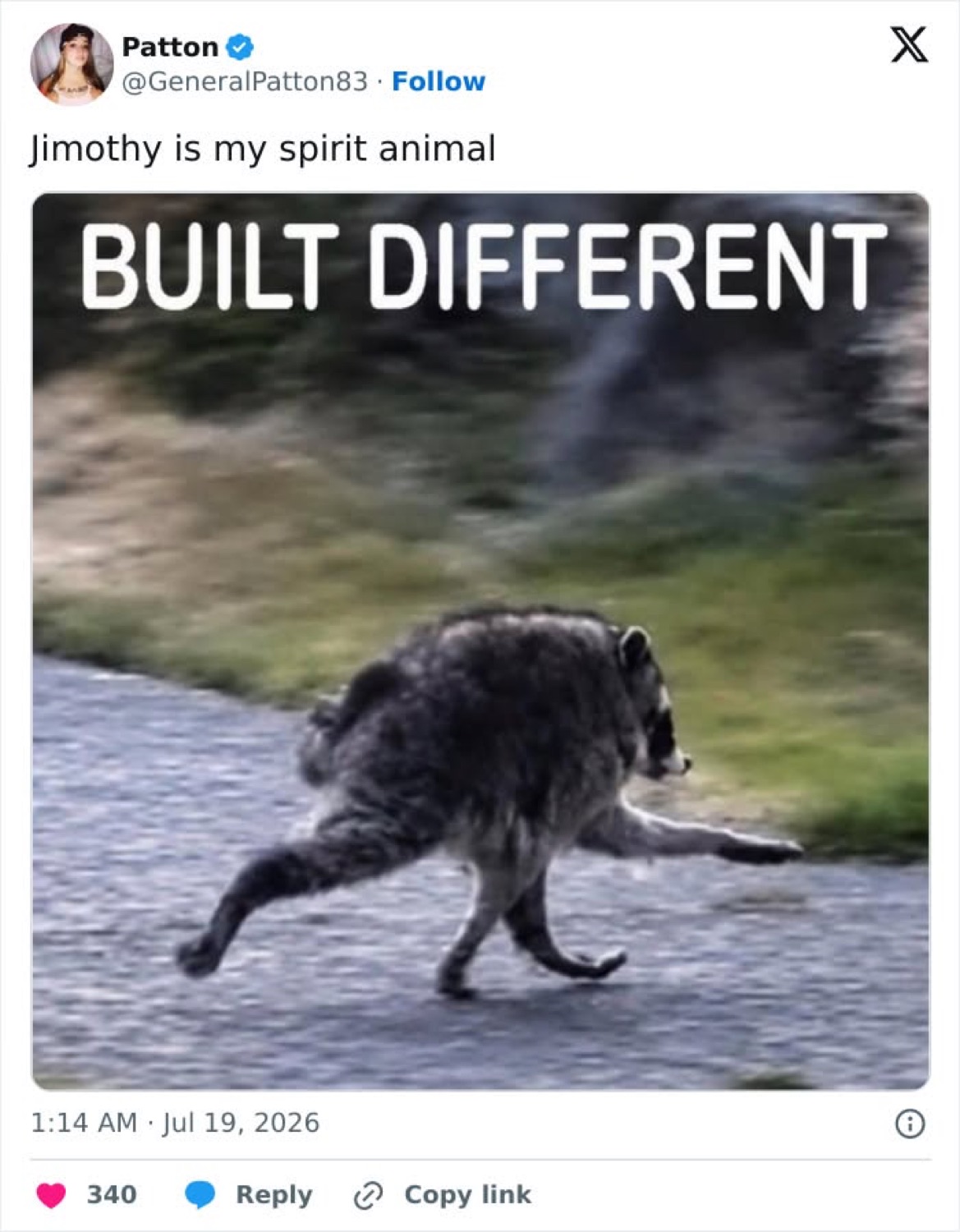 Tweet 'Jimothy is my spirit animal' over Jimothy the raccoon scurrying down a path captioned 'BUILT DIFFERENT'